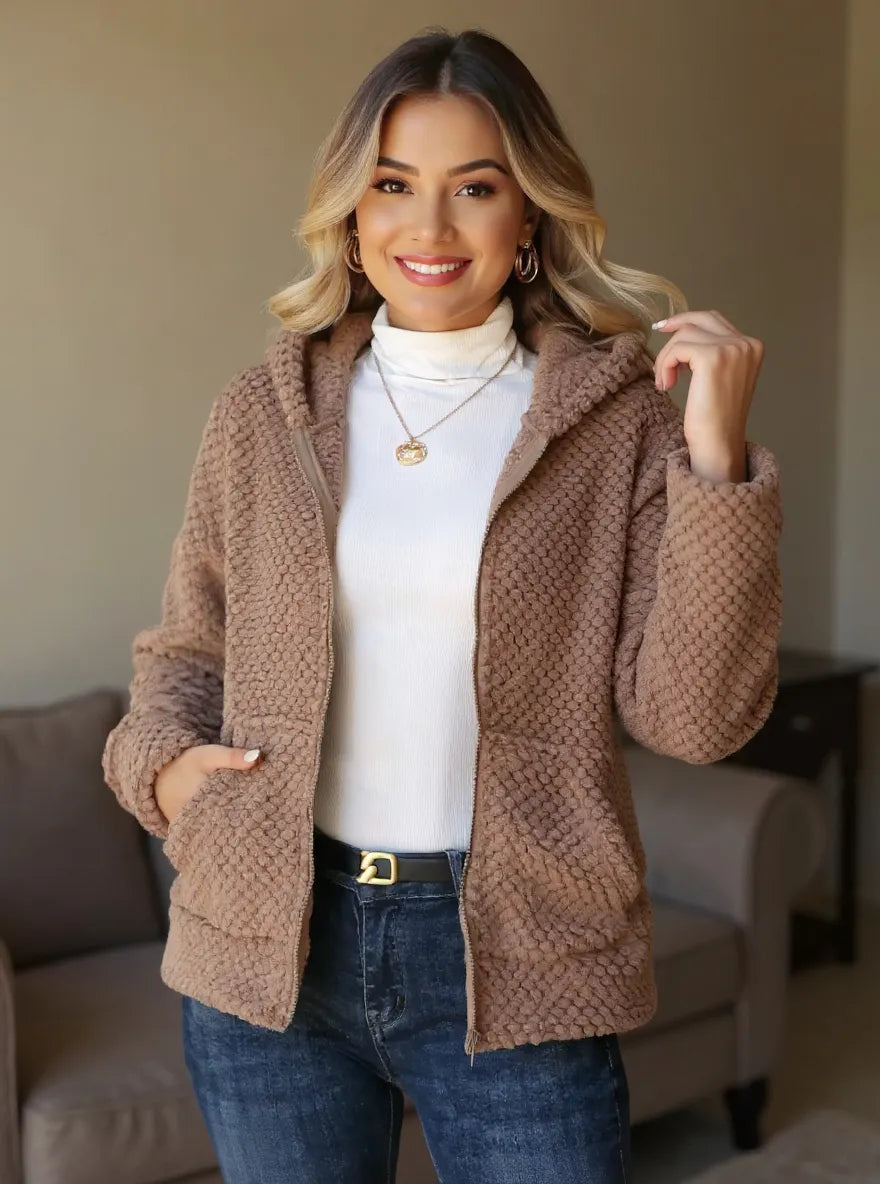 Fashorio Trench Coats Textured Knit Zip-Up Hooded Outerwear