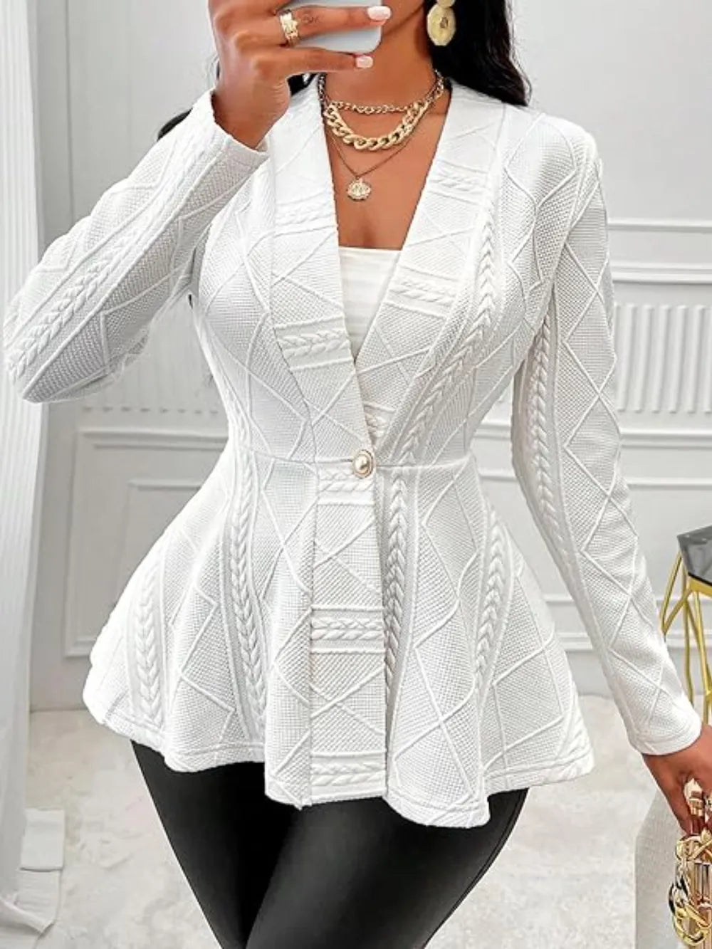 Fashorio Trench Coats White / S One Button Textured Peplum Cardigan