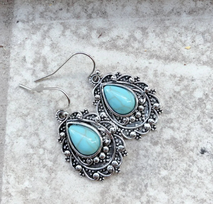 Fashorio Turquoise / One Size Artificial Turquoise Alloy Teardrop Dangle Earrings