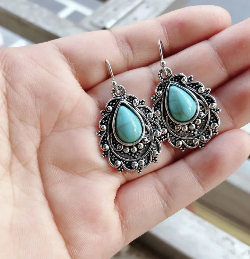 Fashorio Turquoise / One Size Artificial Turquoise Alloy Teardrop Dangle Earrings