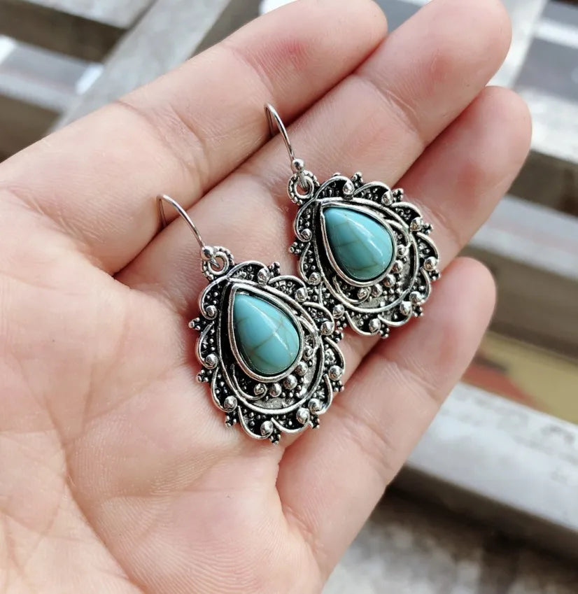 Fashorio Turquoise / One Size Artificial Turquoise Alloy Teardrop Dangle Earrings