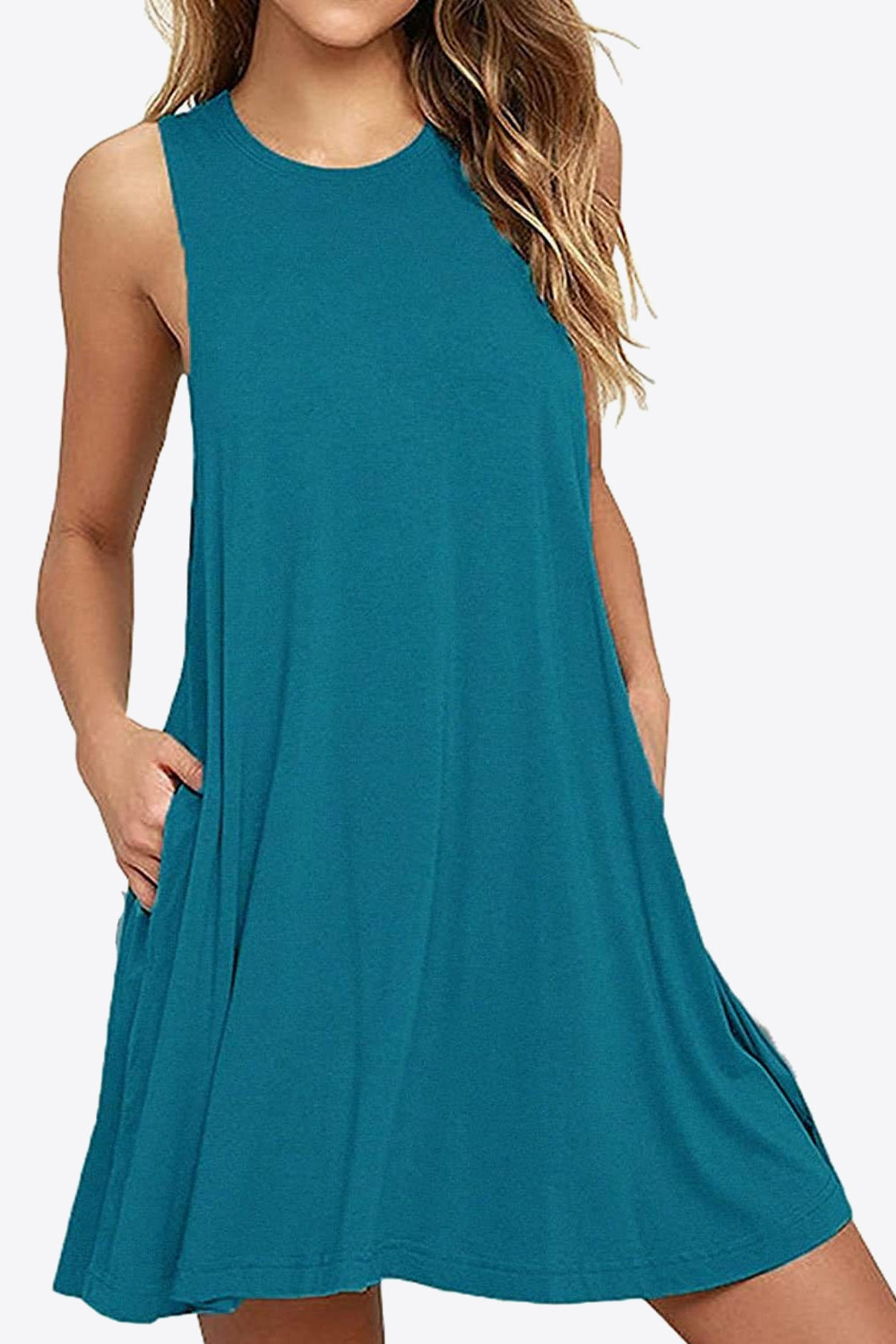 Fashorio Turquoise / S Full Size Round Neck Sleeveless Dress with Pockets