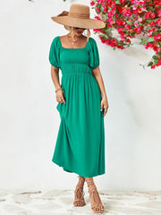 Fashorio Turquoise / S Off-Shoulder Puff Sleeve Smocked Maxi Dress