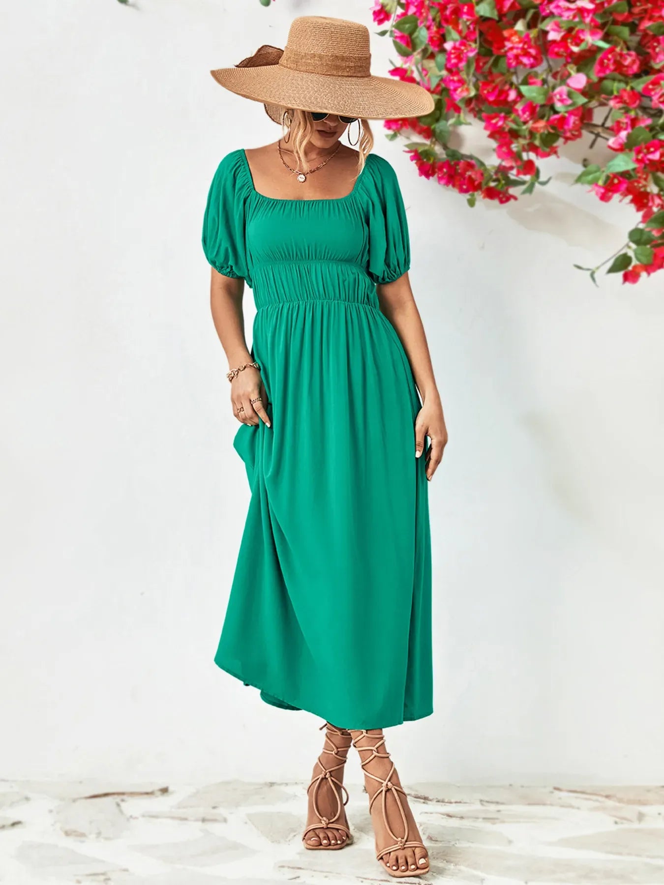 Fashorio Turquoise / S Off-Shoulder Puff Sleeve Smocked Maxi Dress