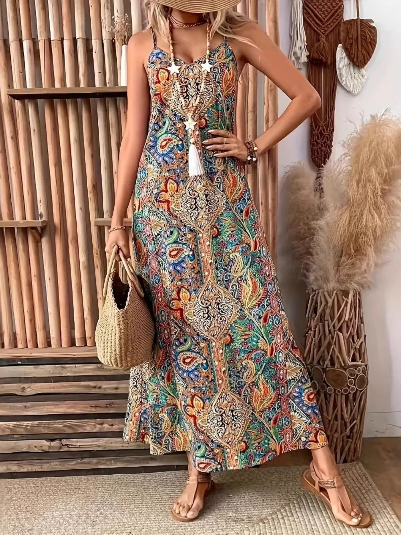Fashorio Turquoise / S Paisley Print V-Neck Maxi Dress