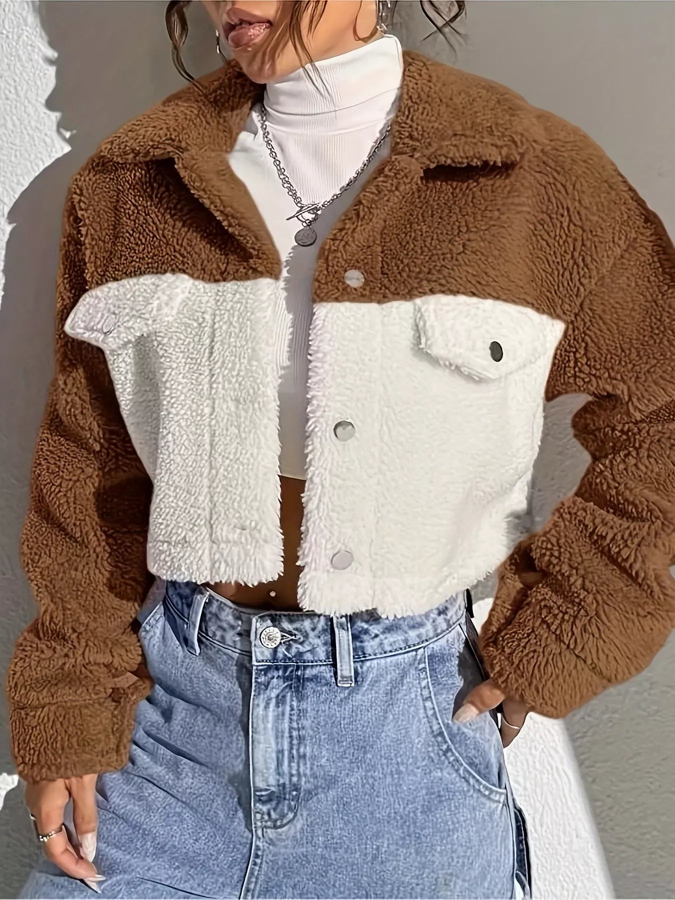 Fashorio Two-Tone Plush Cropped Jacket