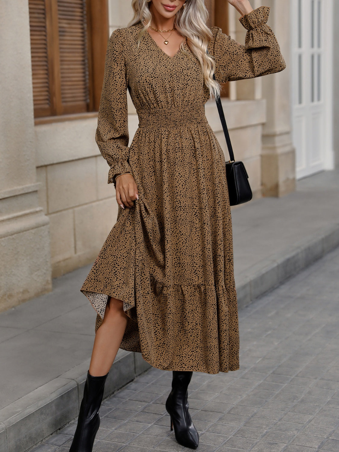 Fashorio V-Neck Flounce Sleeve Dress with Ruffle Hem – Elegant Everyday Look