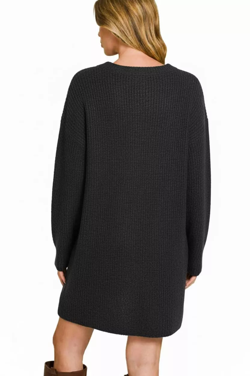 Fashorio V-Neck Long Sleeve Ribbed Sweater Dress