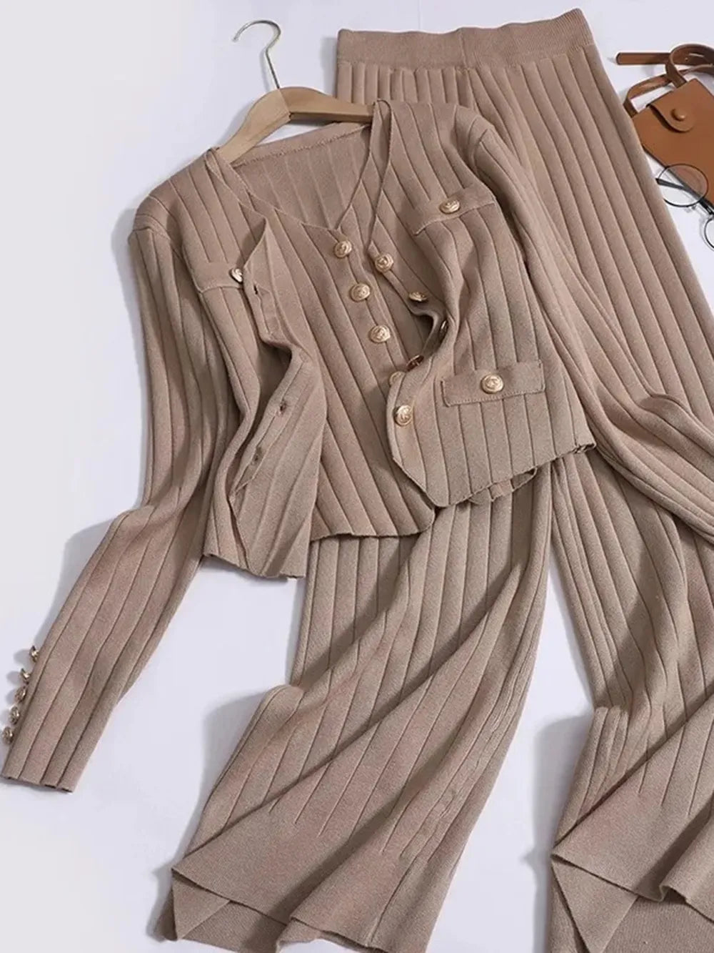 Fashorio V-Neck Tank, Cardigan and Pants Three-Piece Sweater Set