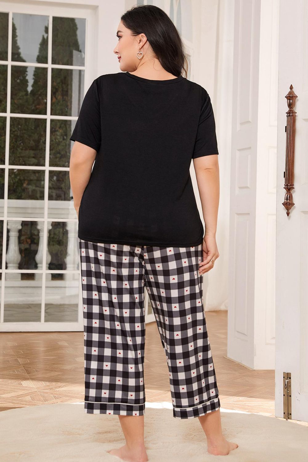 Fashorio V-Neck Tee and Plaid Cropped Pants Lounge Set