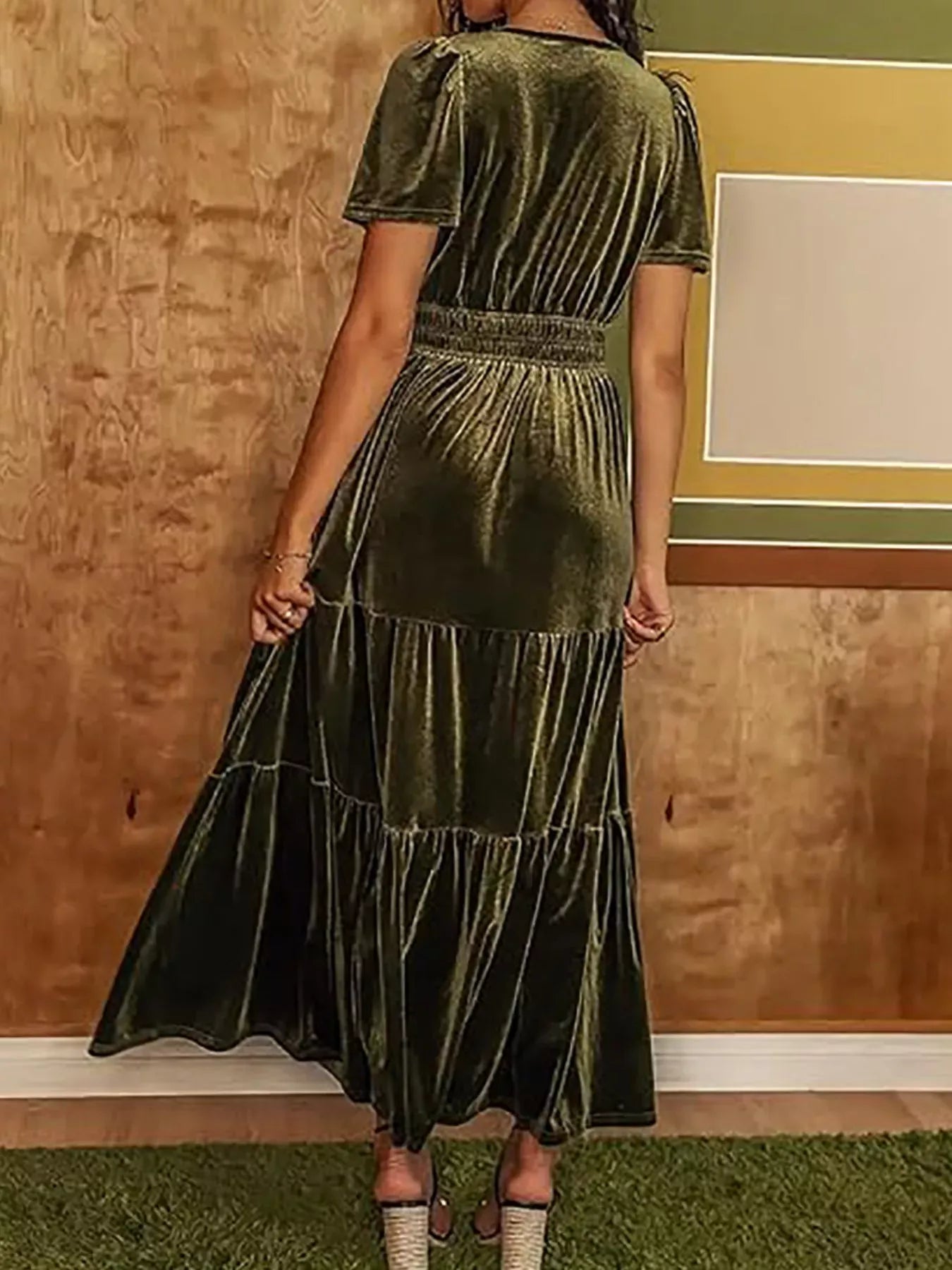 Fashorio Velvet Tiered Short Sleeve Maxi Dress