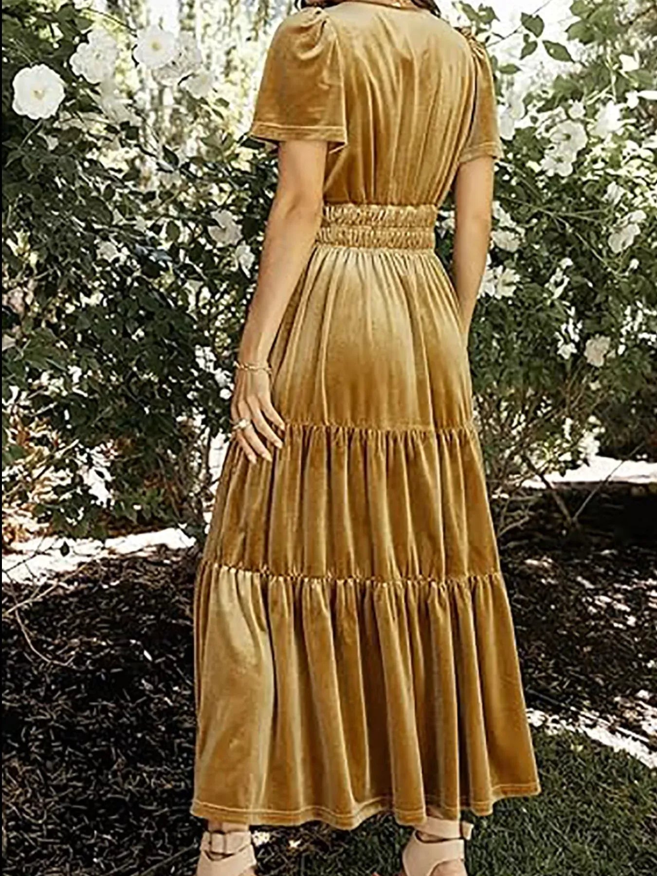 Fashorio Velvet Tiered Short Sleeve Maxi Dress