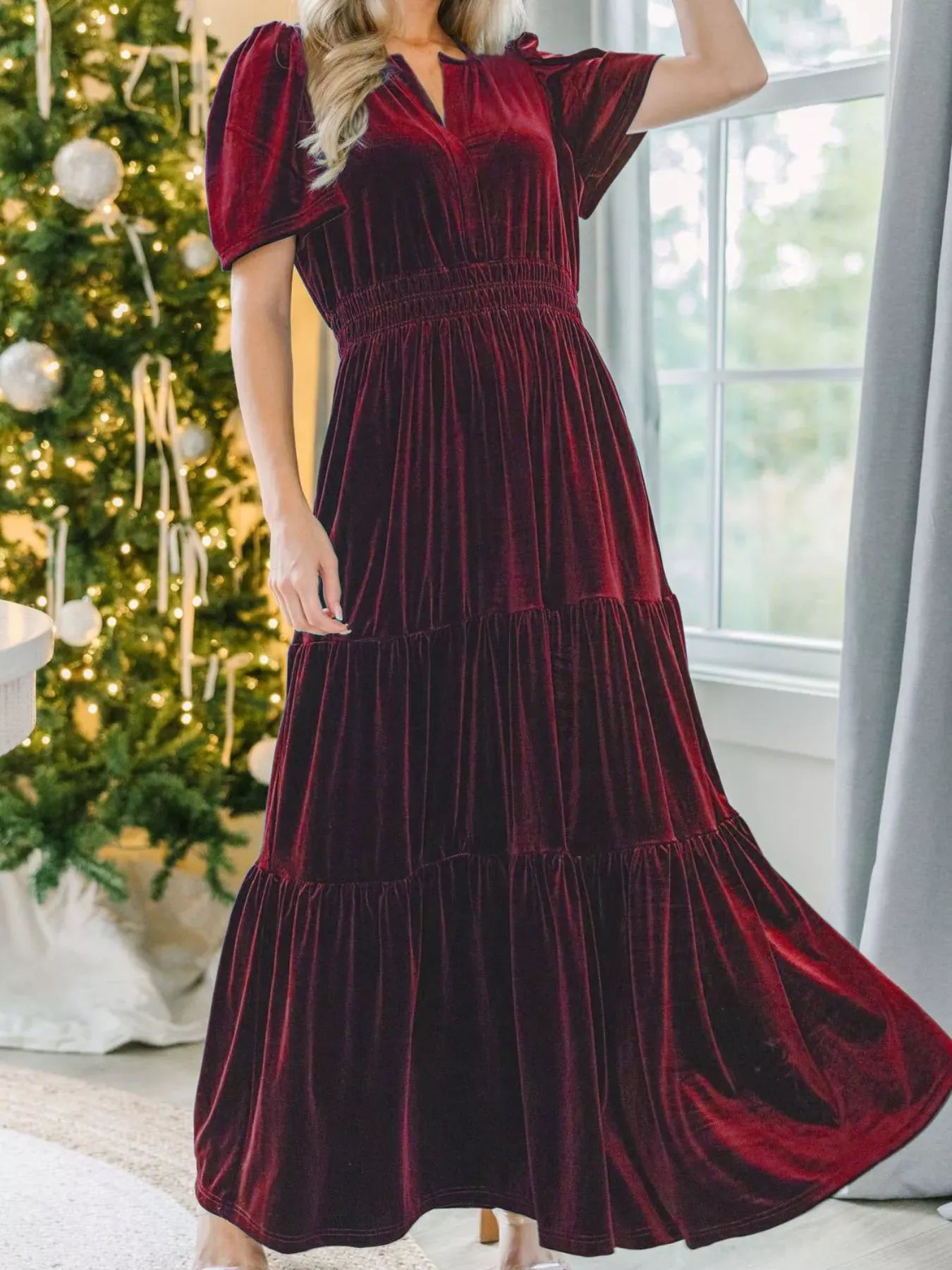 Fashorio Velvet Tiered Short Sleeve Maxi Dress