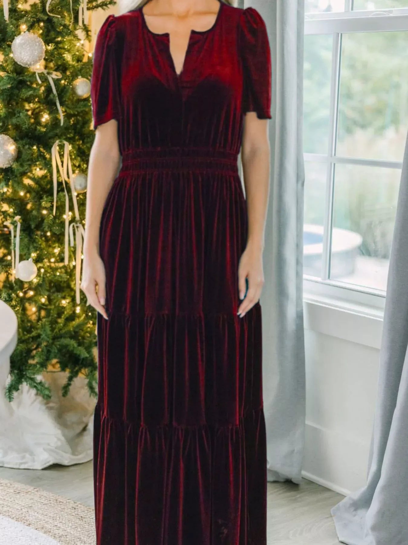Fashorio Velvet Tiered Short Sleeve Maxi Dress