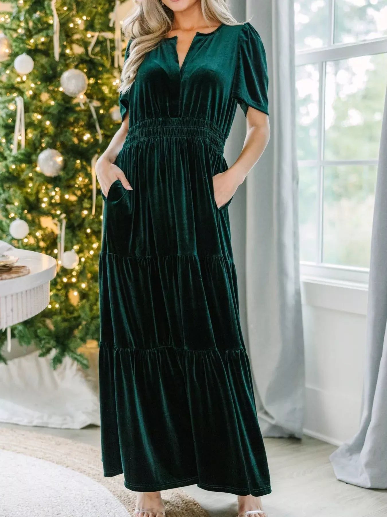 Fashorio Velvet Tiered Short Sleeve Maxi Dress