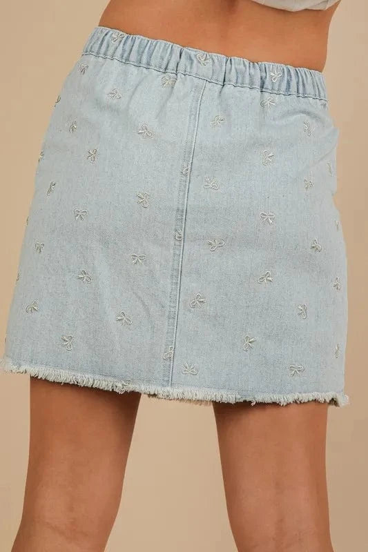 VERY J Bow Printed Casual Denim Mini Skirt - Fashorio