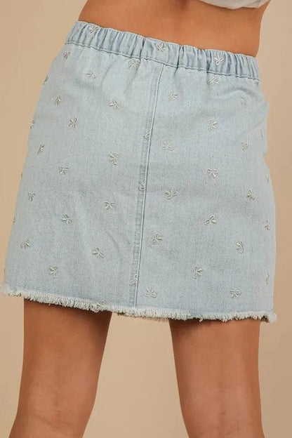 VERY J Bow Printed Casual Denim Mini Skirt - Fashorio