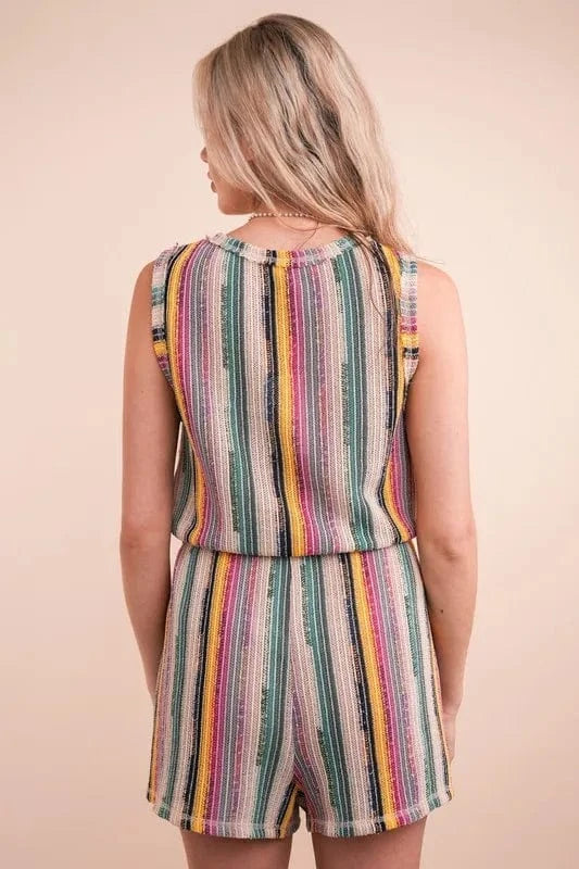 VERY J Crochet Multi Color Striped Casual Summer Romper - Fashorio