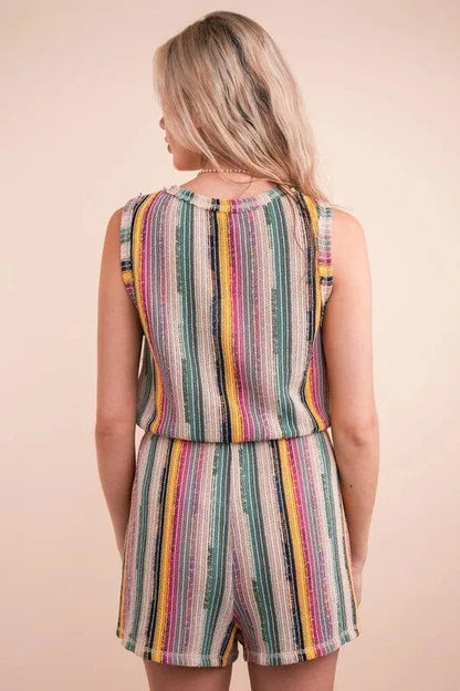 VERY J Crochet Multi Color Striped Casual Summer Romper - Fashorio