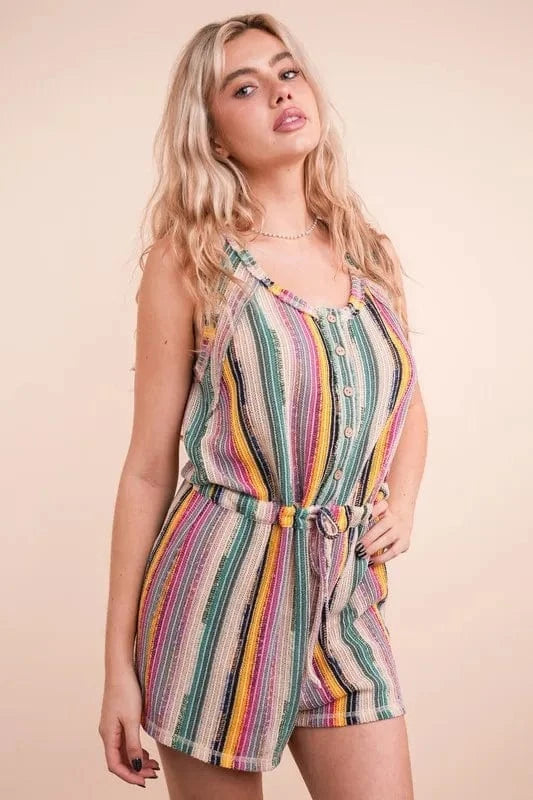 VERY J Crochet Multi Color Striped Casual Summer Romper - Fashorio