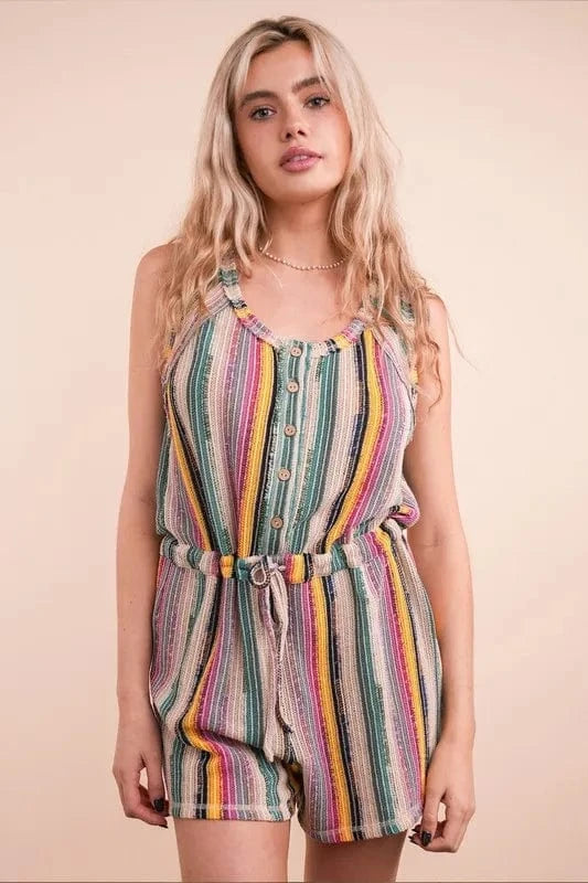 VERY J Crochet Multi Color Striped Casual Summer Romper - Fashorio