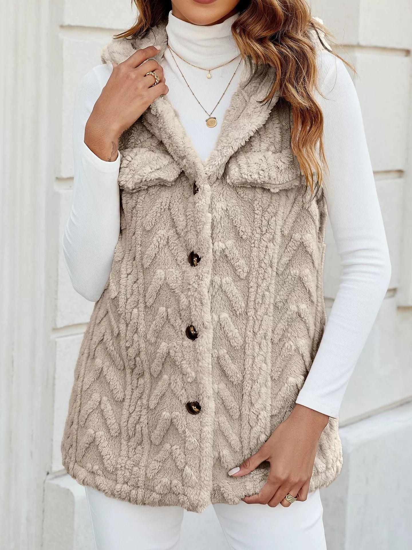 Fashorio Vests Apricot / S Button-Front Hooded Vest Coat