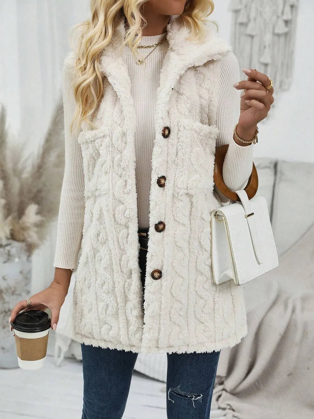 Fashorio Vests Beige / S Fuzzy Button Up Vest Coat