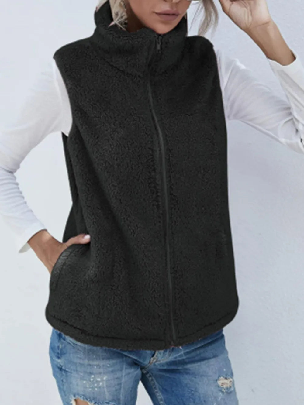 Fashorio Vests Black / S Full Size Fuzzy Zip Up Vest Coat with Pockets