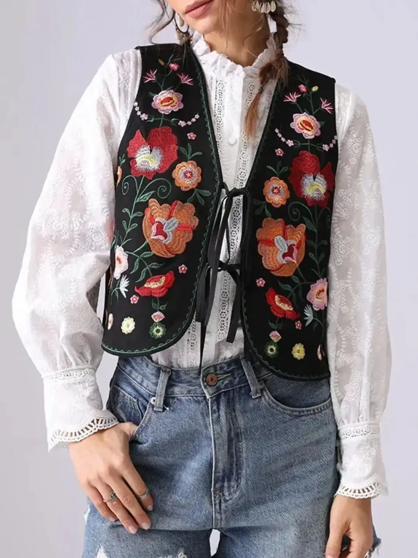 Fashorio Vests Black / S/M Floral Embroidered Lace-Up Vest