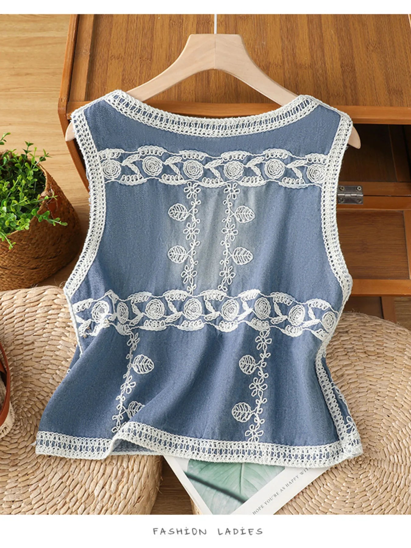 Fashorio Vests Blue / One Size Embroidered Button Up V-Neck Vest Coat