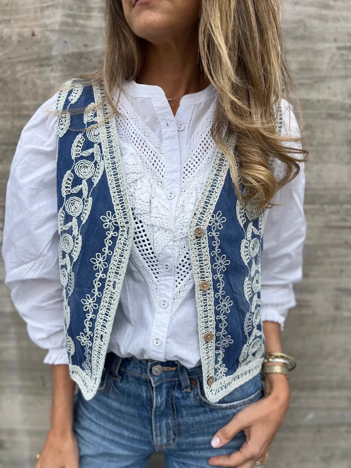 Fashorio Vests Blue / One Size Embroidered Button Up V-Neck Vest Coat