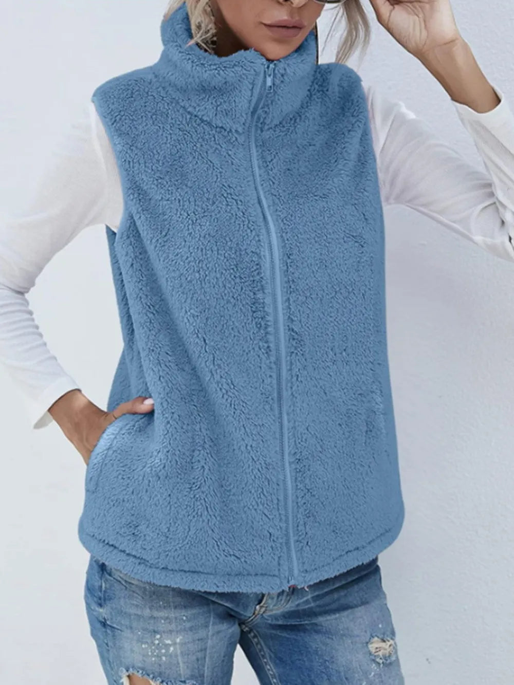 Fashorio Vests Blue / S Full Size Fuzzy Zip Up Vest Coat with Pockets