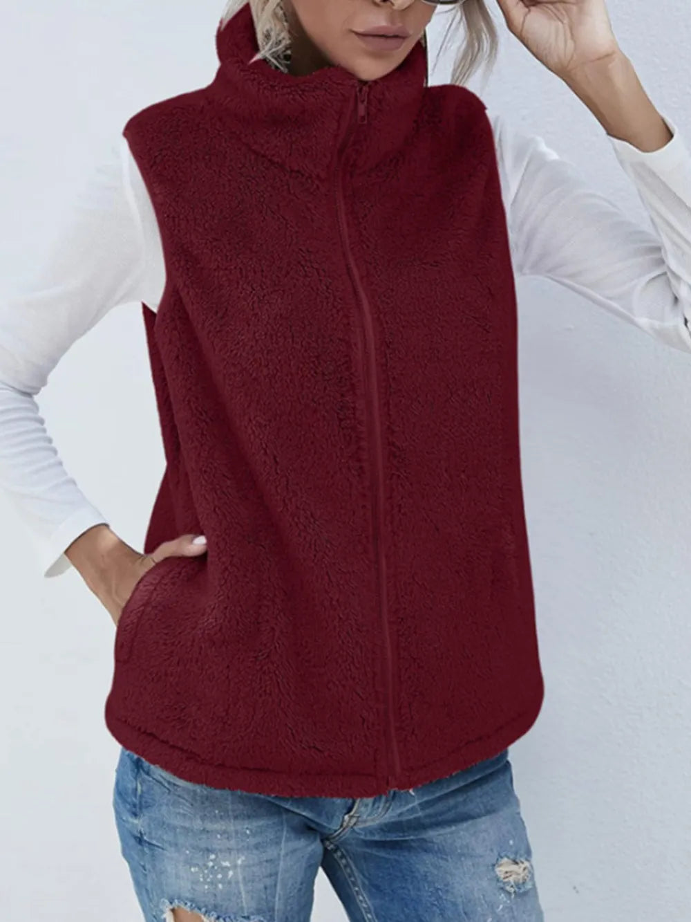 Fashorio Vests Burgundy / S Full Size Fuzzy Zip Up Vest Coat with Pockets