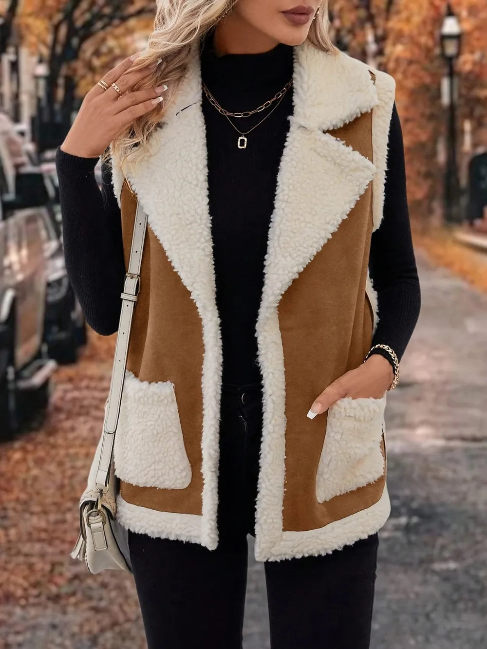 Fashorio Vests Camel / S Full Size Contrast Open Front Sherpa Vest Coat