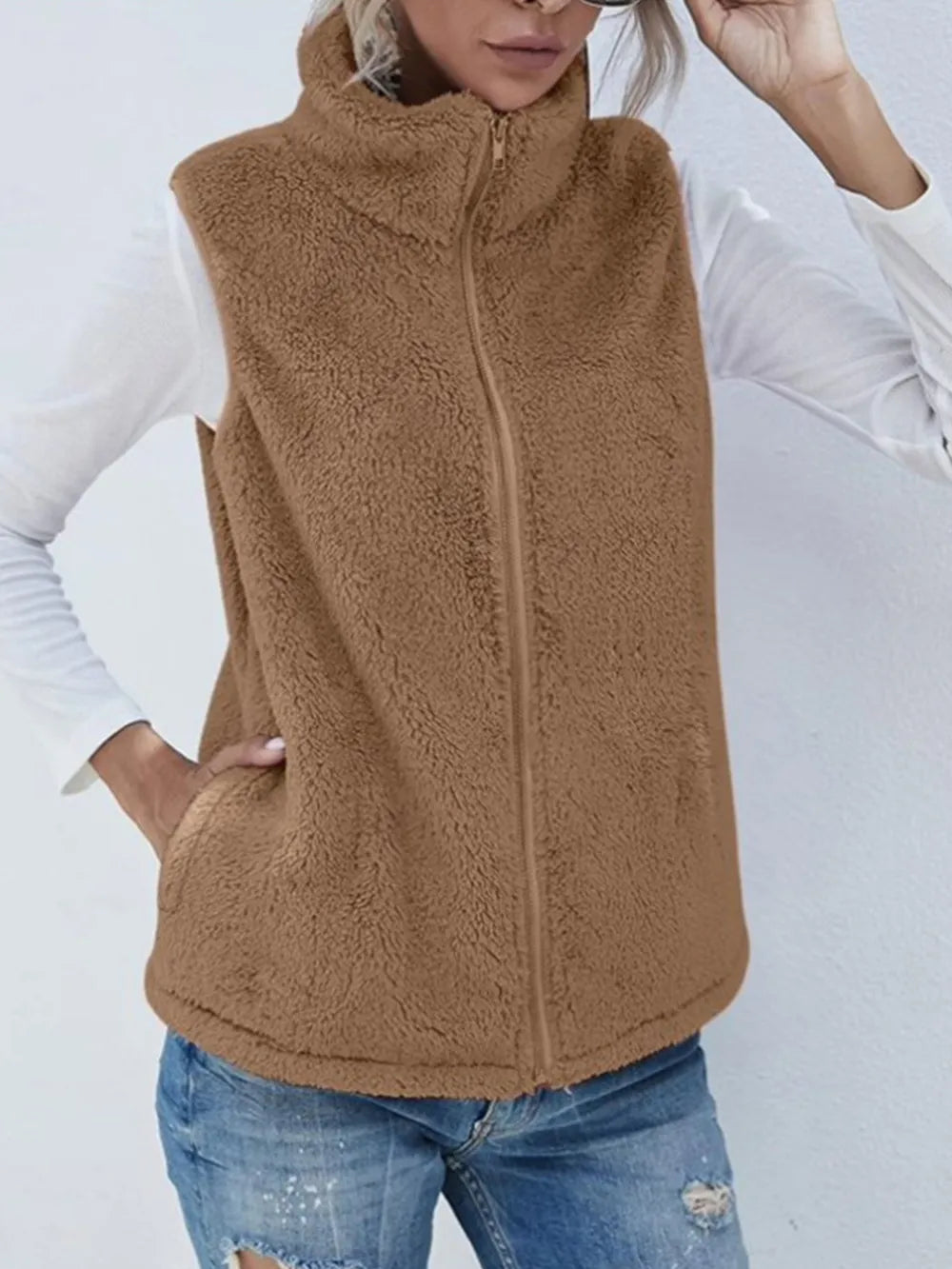 Fashorio Vests Camel / S Full Size Fuzzy Zip Up Vest Coat with Pockets