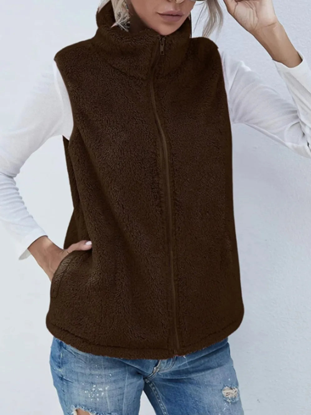 Fashorio Vests Chocolate / S Full Size Fuzzy Zip Up Vest Coat with Pockets