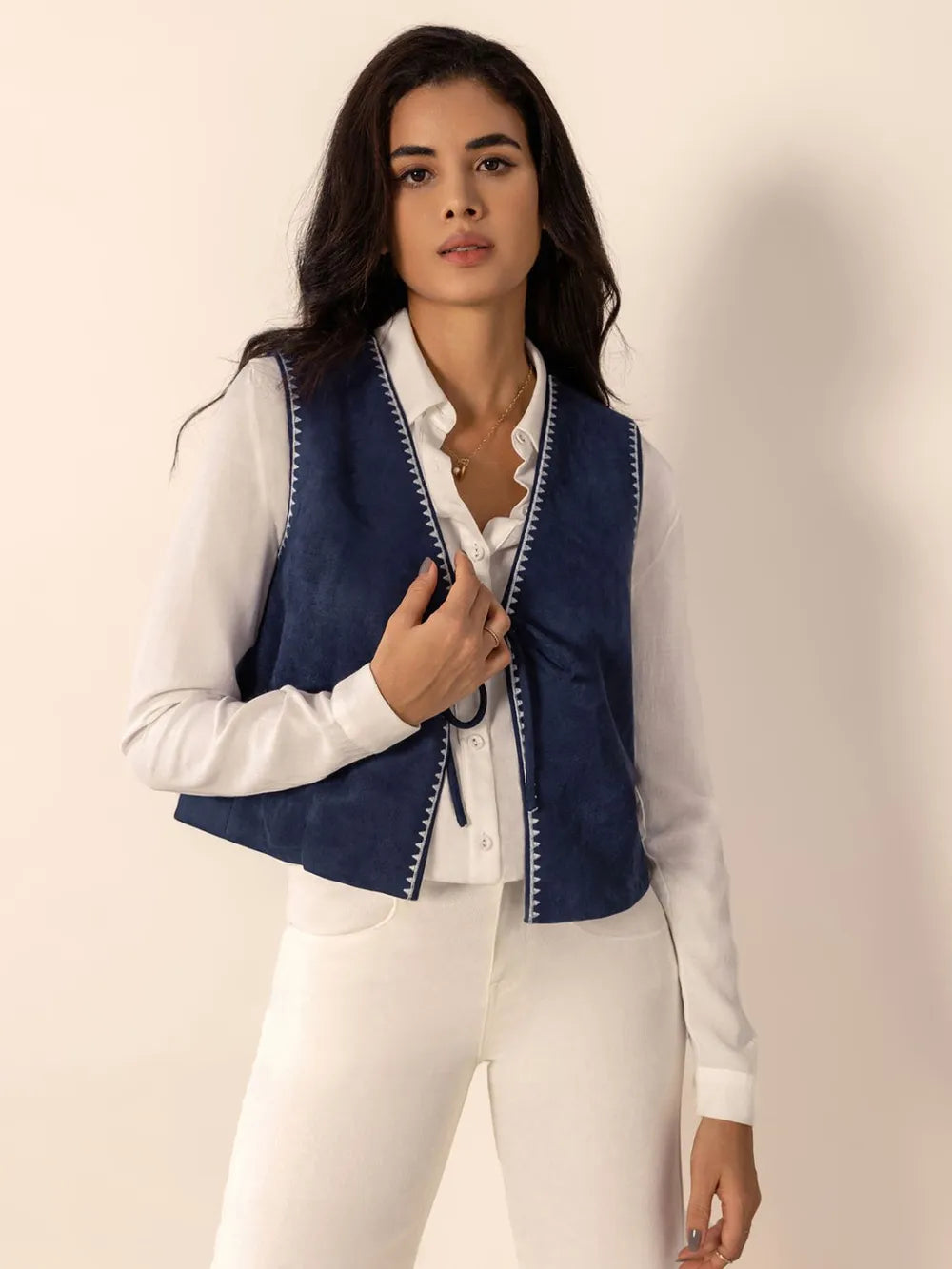 Fashorio Vests Dark Blue / S Tied Contrast Trim Vest