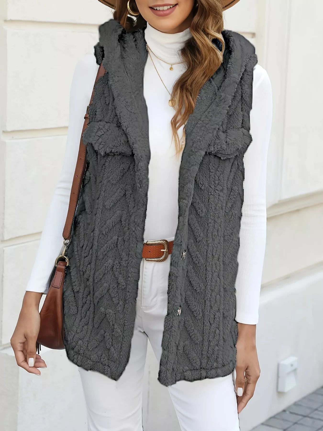 Fashorio Vests Dark Gray / S Button-Front Hooded Vest Coat