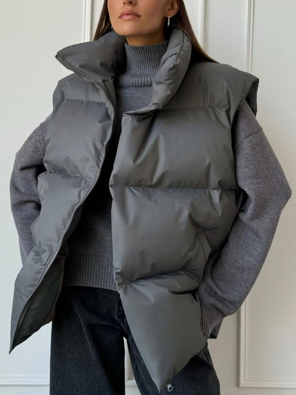 Fashorio Vests Dark Gray / S Zip Up Turtleneck Vest Coat