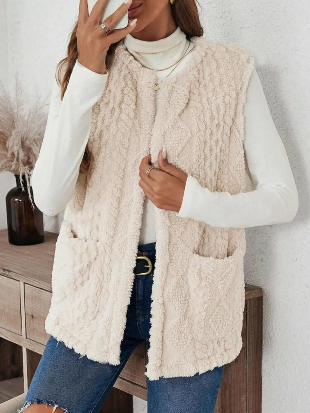 Fashorio Vests Dust Storm / S Fuzzy Open Front Vest with Pockets