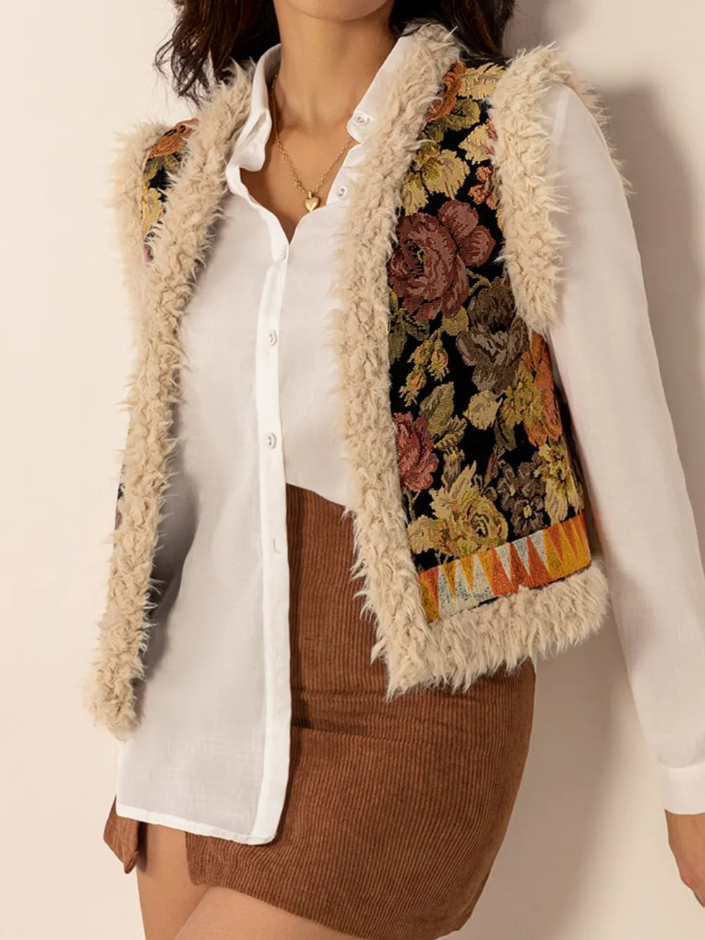 Fashorio Vests Embroidered Fuzzy Trim Open Front Vest Coat