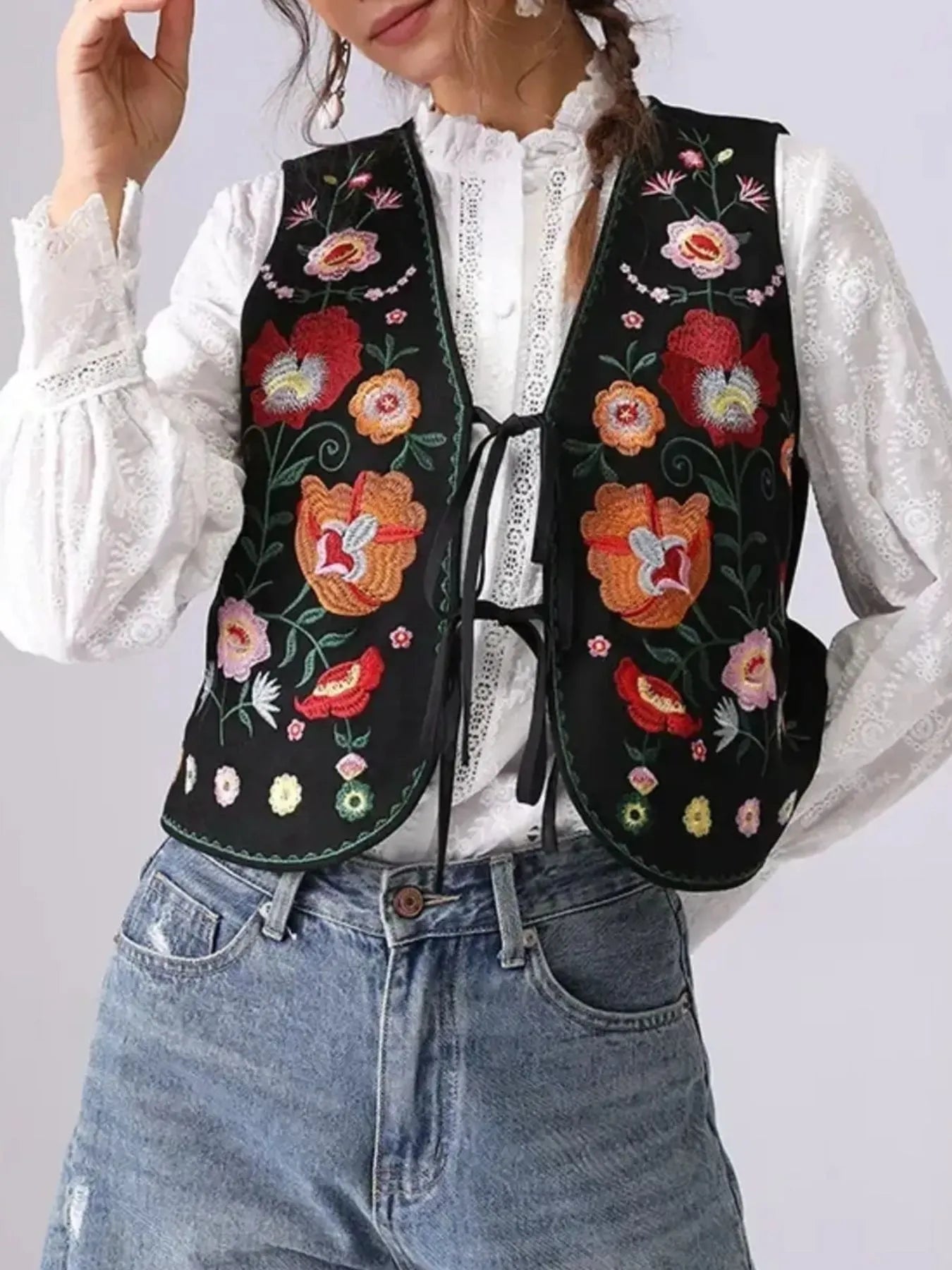 Fashorio Vests Floral Embroidered Lace-Up Vest