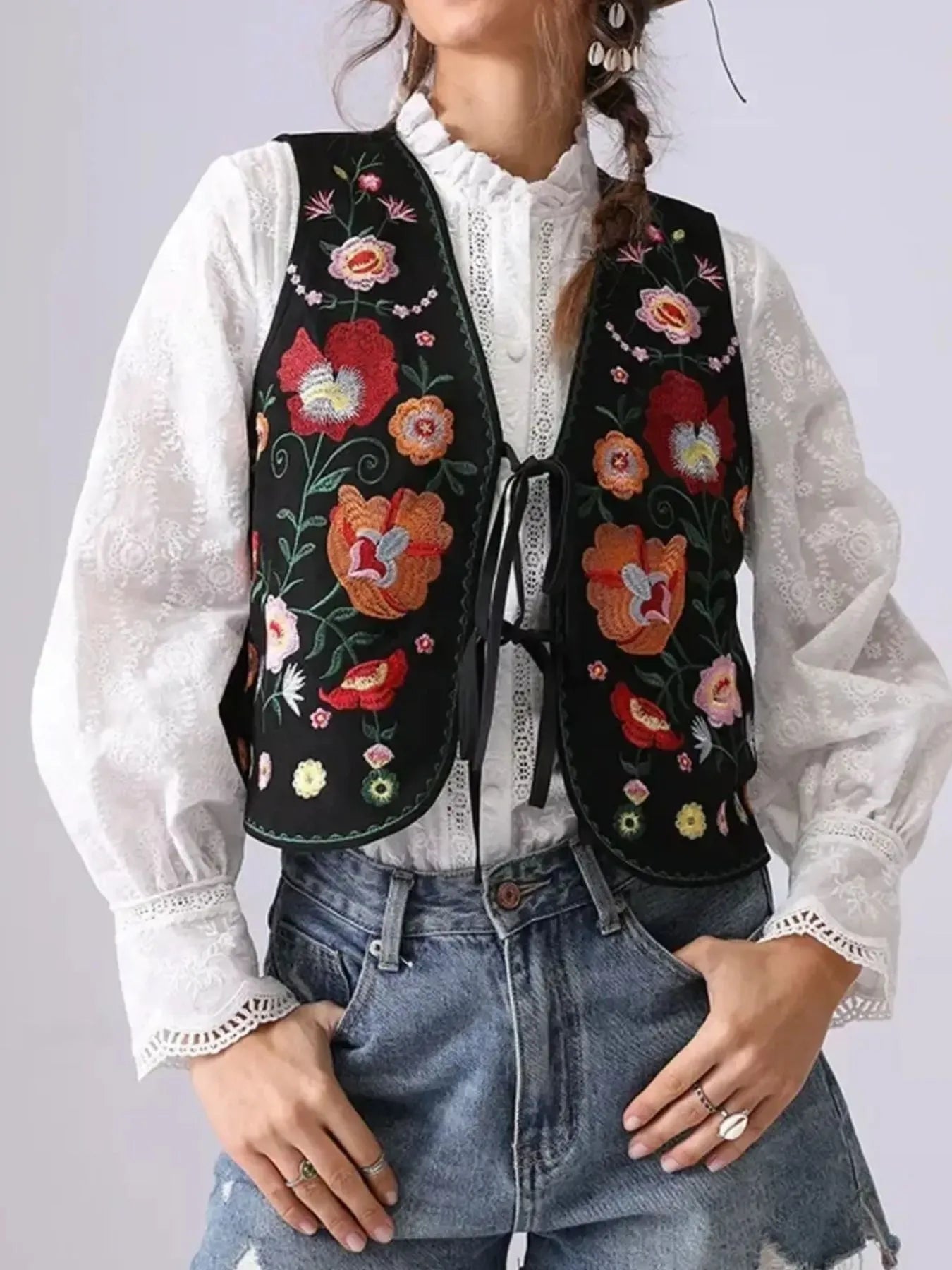Fashorio Vests Floral Embroidered Lace-Up Vest