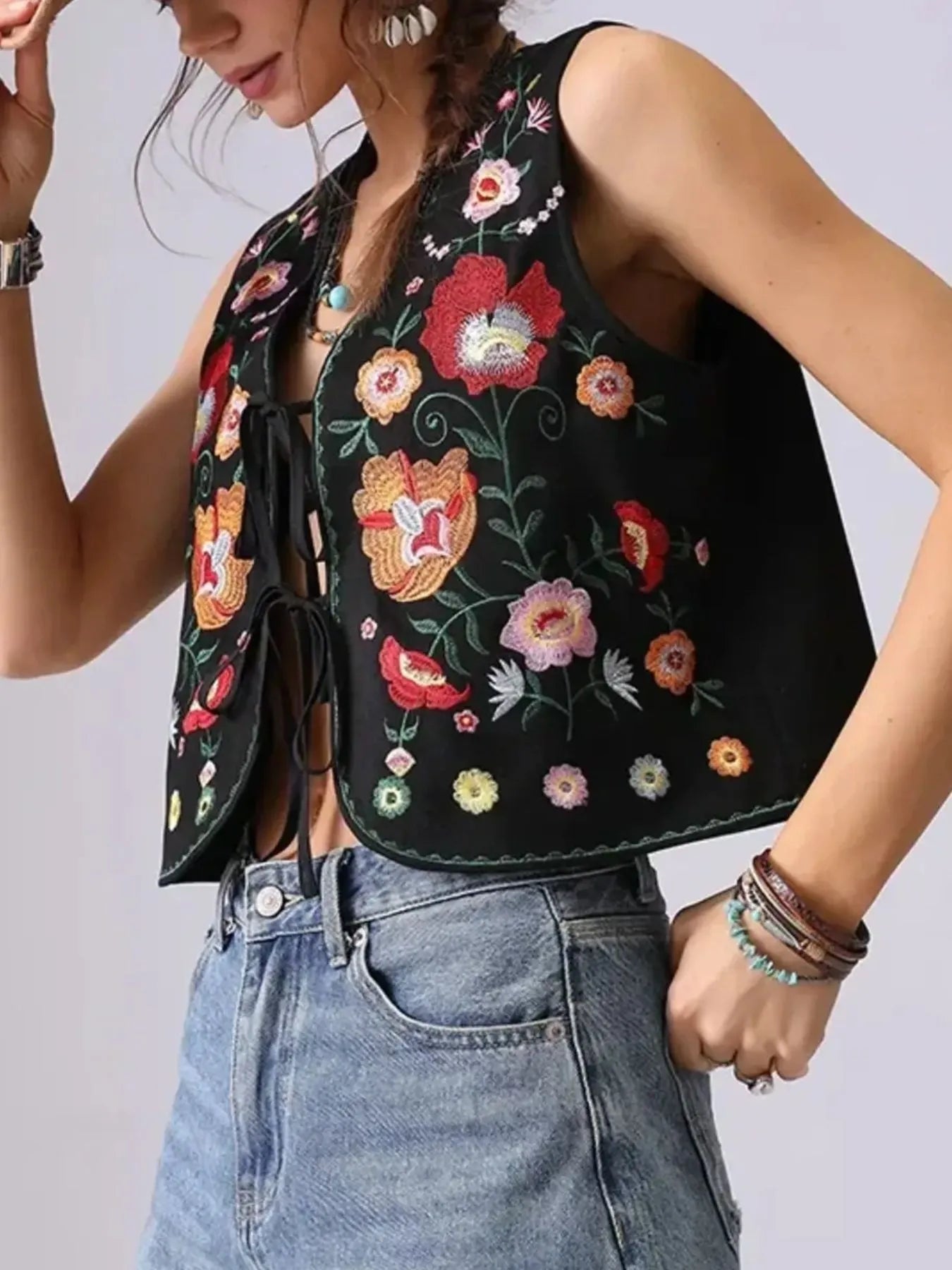 Fashorio Vests Floral Embroidered Lace-Up Vest