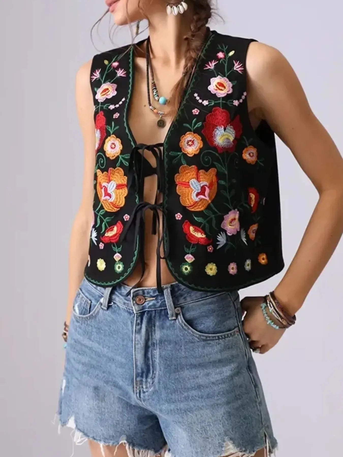 Fashorio Vests Floral Embroidered Lace-Up Vest