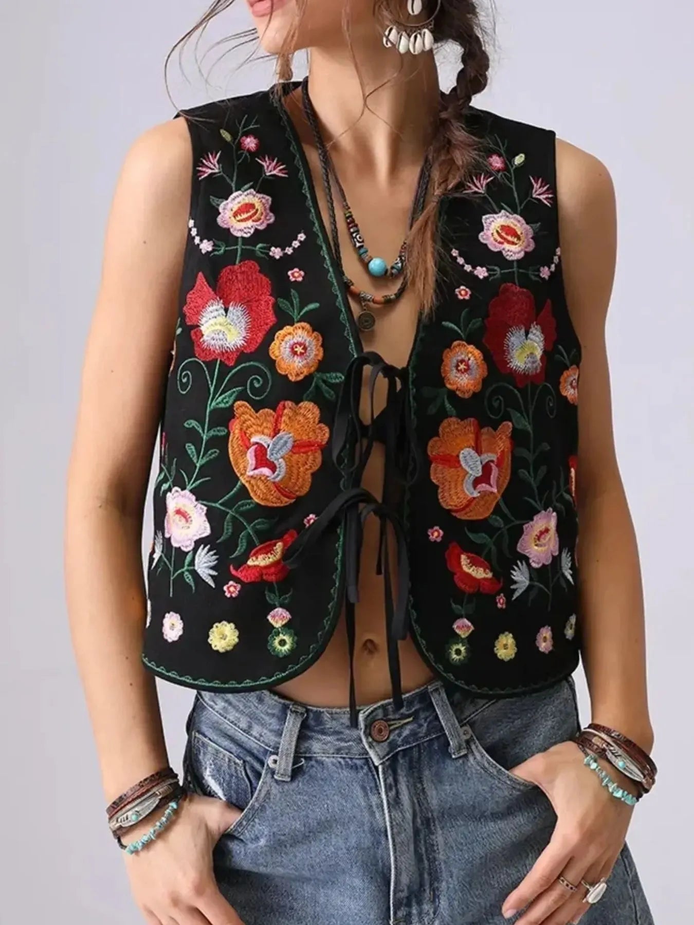 Fashorio Vests Floral Embroidered Lace-Up Vest
