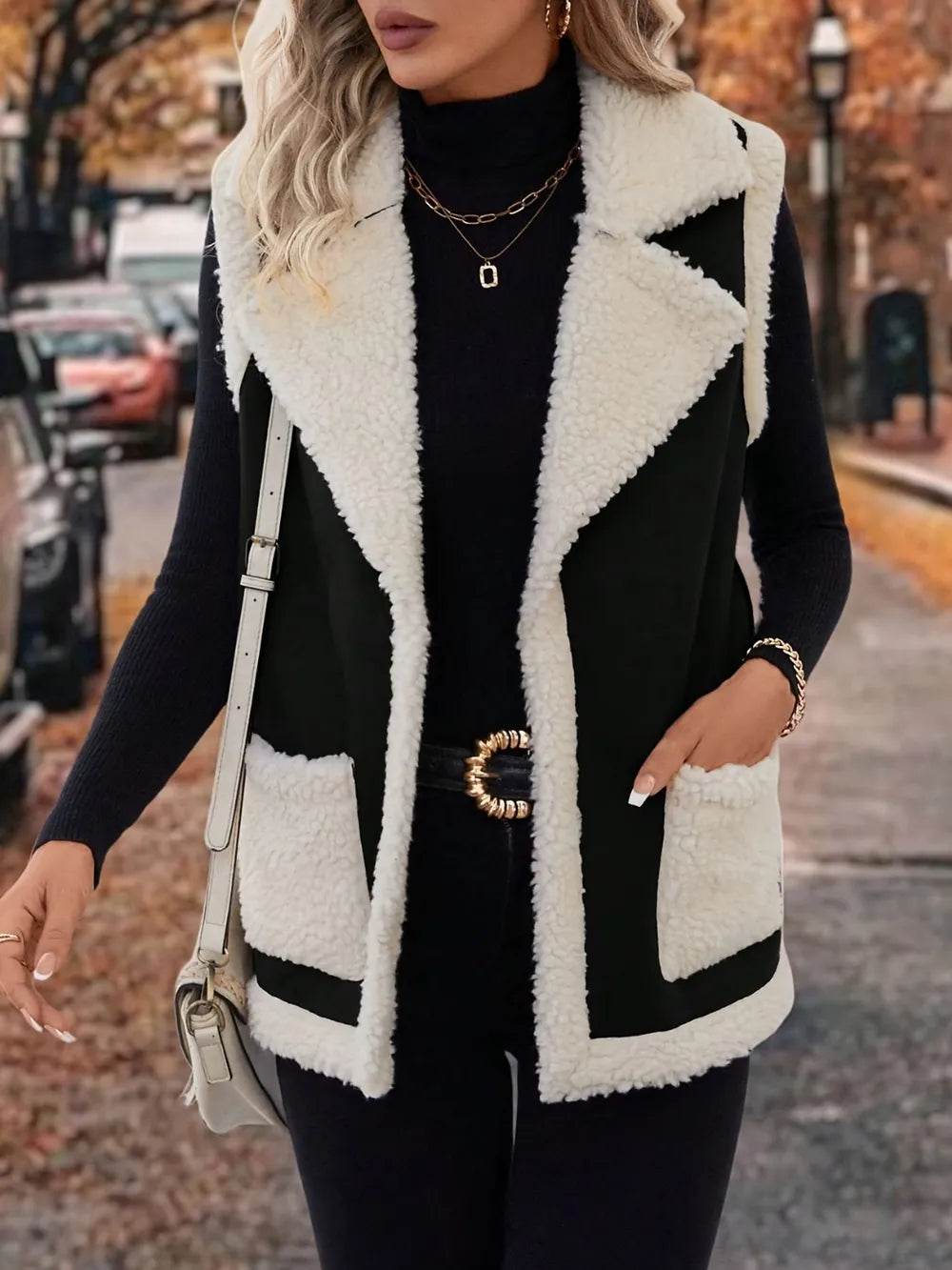 Fashorio Vests Full Size Contrast Open Front Sherpa Vest Coat