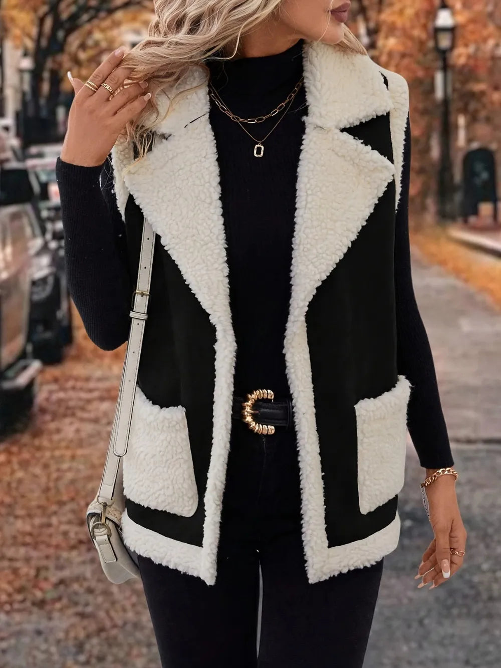 Fashorio Vests Full Size Contrast Open Front Sherpa Vest Coat