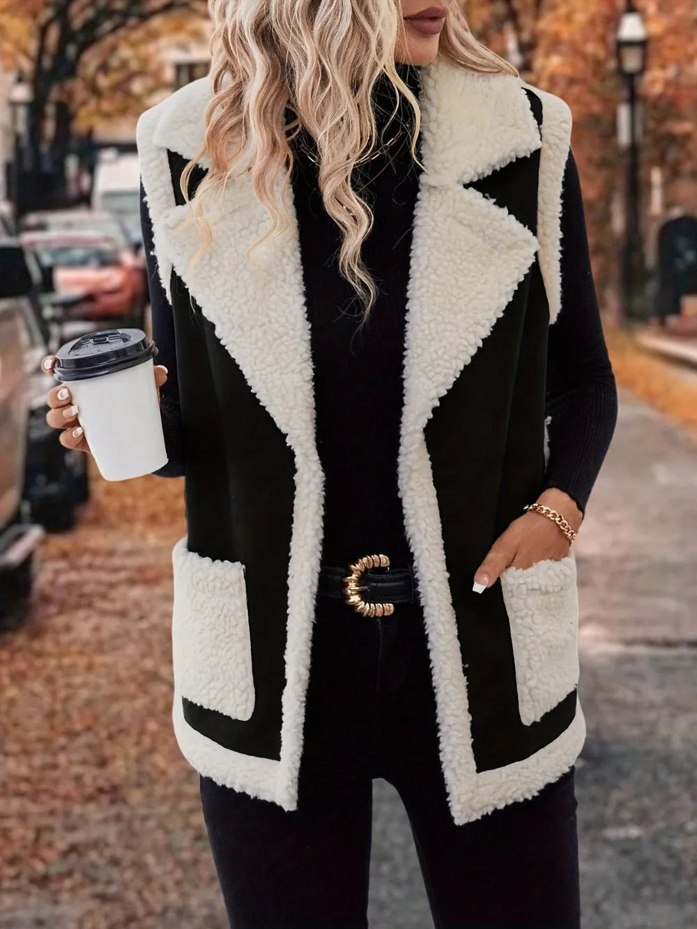 Fashorio Vests Full Size Contrast Open Front Sherpa Vest Coat