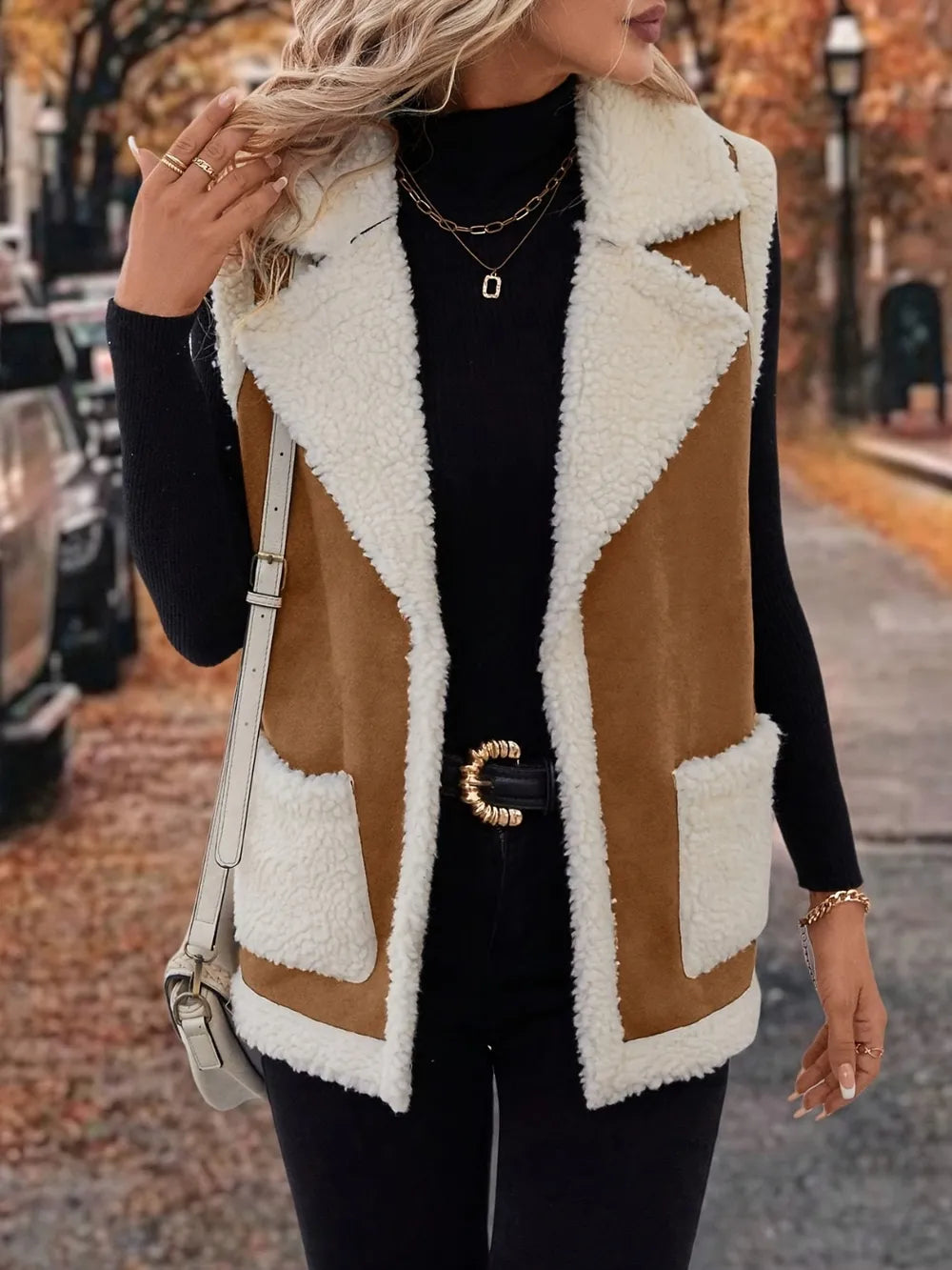 Fashorio Vests Full Size Contrast Open Front Sherpa Vest Coat